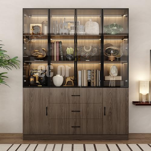 AIEGLE Lighted Kitchen Pantry Storage Cabinet with Glass Doors, Floor Display Cupboard with 3 Color Light, 3 Drawers & 5 Tiers Shelf (6 Doors), Utility Cabinet for Dining Room, Dark Brown 63”W