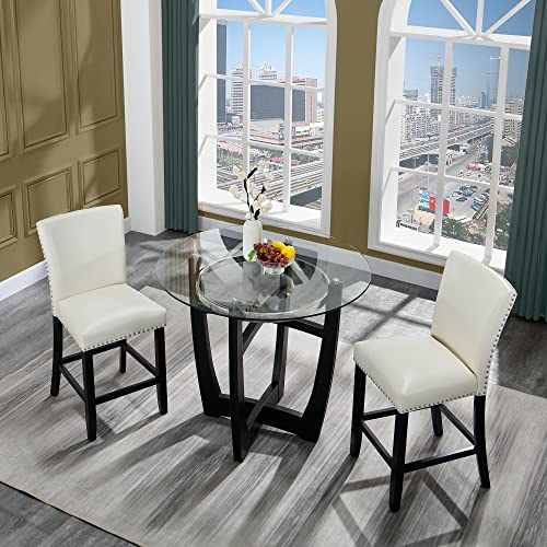 Glass Counter Height Bar Table Stools Set of 2, 42" Round Tempered Glass Top, Ivory White L952459