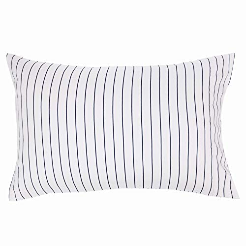 Amazon Basics 7-Piece Reversible Microfiber Bed-in-a-Bag, Full/Queen, Navy Stripe J98606