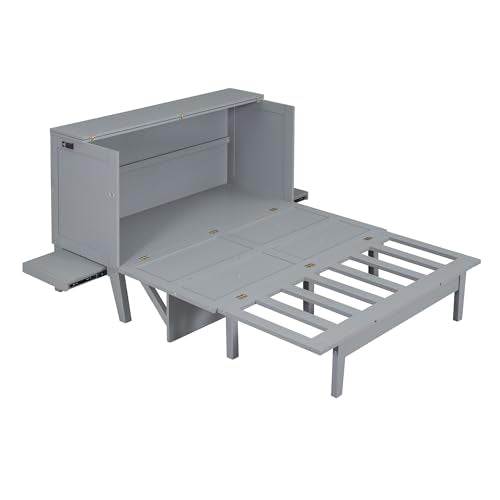 Queen Murphy Bed with USB Port and Foldable Desk, White P3625