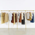 Wall Mounted Gold pipe clothing rack with 3 T-Bar Design and Nano Gold Finish with 2 Wooden Shelves Heavy Duty Wall Mounted Gold Iron Garment Bar for Retail Display and Closet Storage
