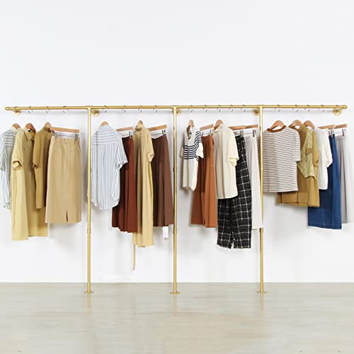 Wall Mounted Gold pipe clothing rack with 3 T-Bar Design and Nano Gold Finish with 2 Wooden Shelves Heavy Duty Wall Mounted Gold Iron Garment Bar for Retail Display and Closet Storage