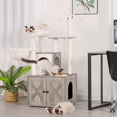 Heybly Cat Tree with Litter Box Enclosure and Food Station, Rustic Brown G73707