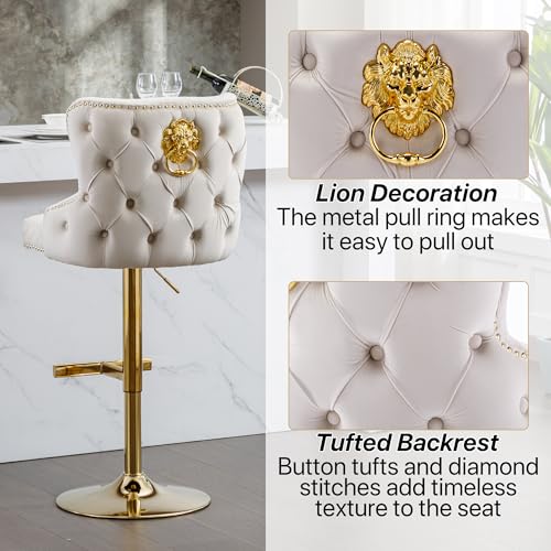 Velvet Barstools Set of 2, Counter Height Adjustable Swivel with Golden Lion Head Ring, Beige C6486