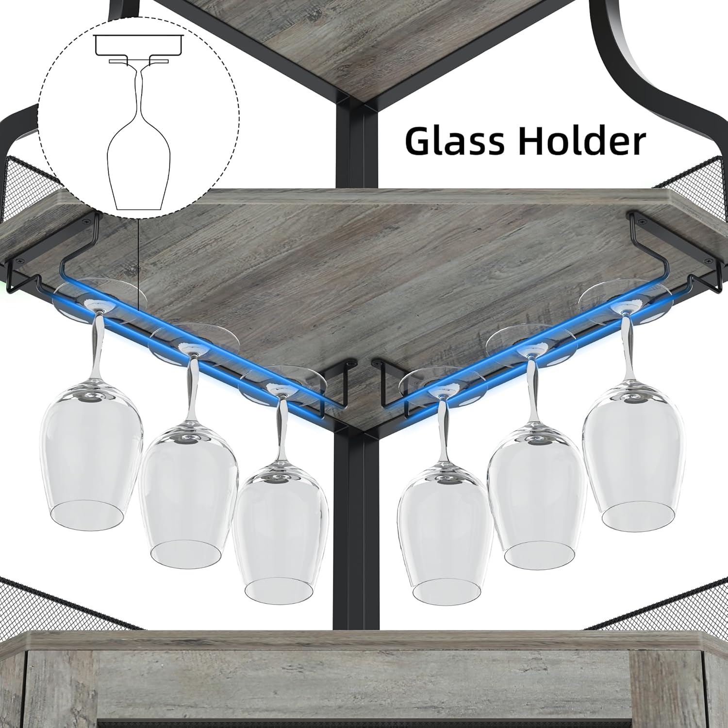 Corner Wine Cabinet with Detachable Rack and Glass Holder, Grey E9167