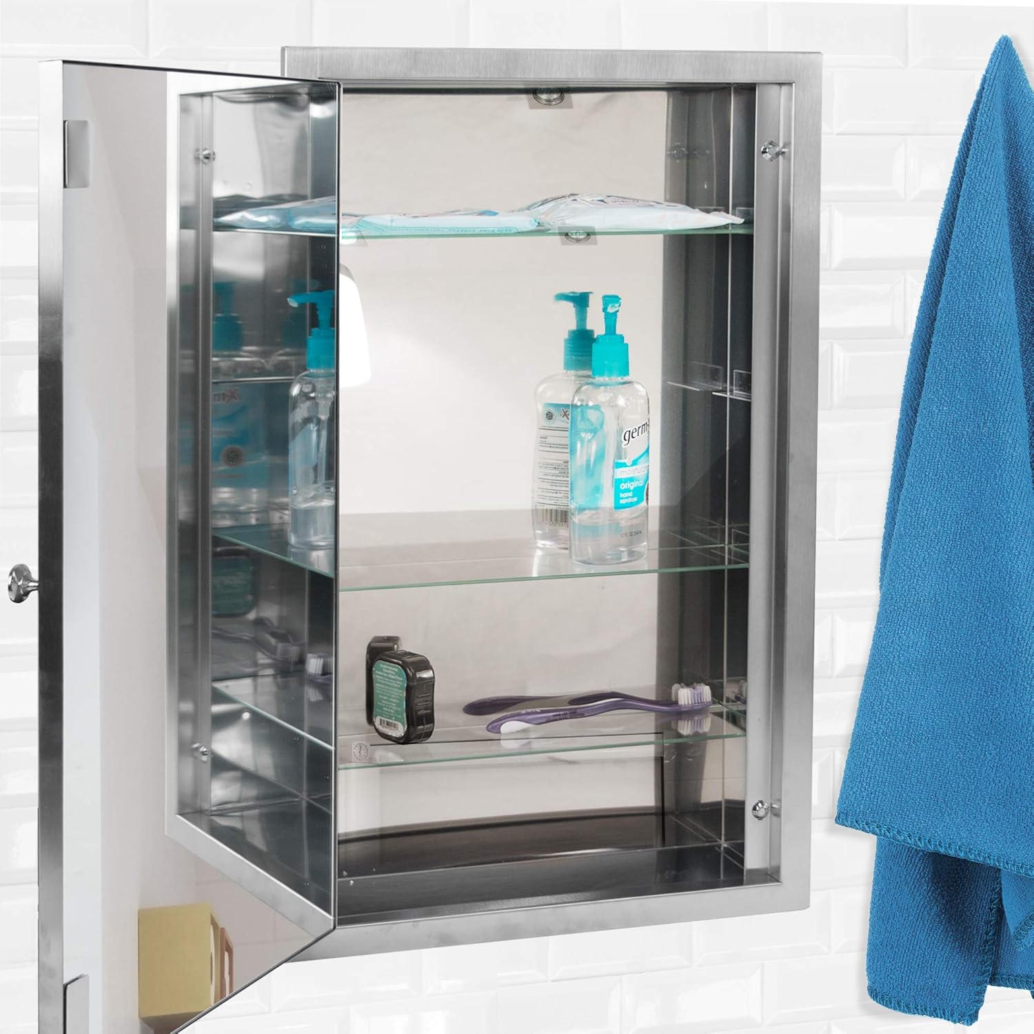 Head West Recessed Medicine Cabinet Mirror with Beveled Edge, Brushed Nickel, 16"x26" U217