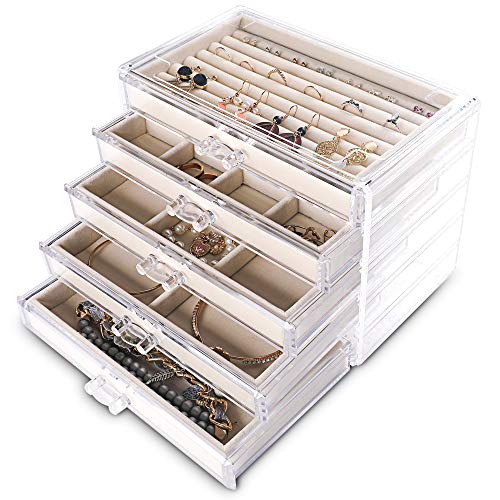 Frebeauty Extra Large Acrylic Jewelry Box for Women 5 Layers Clear Jewelry Organizer Velvet Earring Box with 5 Drawers Rings Display Case Necklaces Holder Tray for Women Girls(Purple)