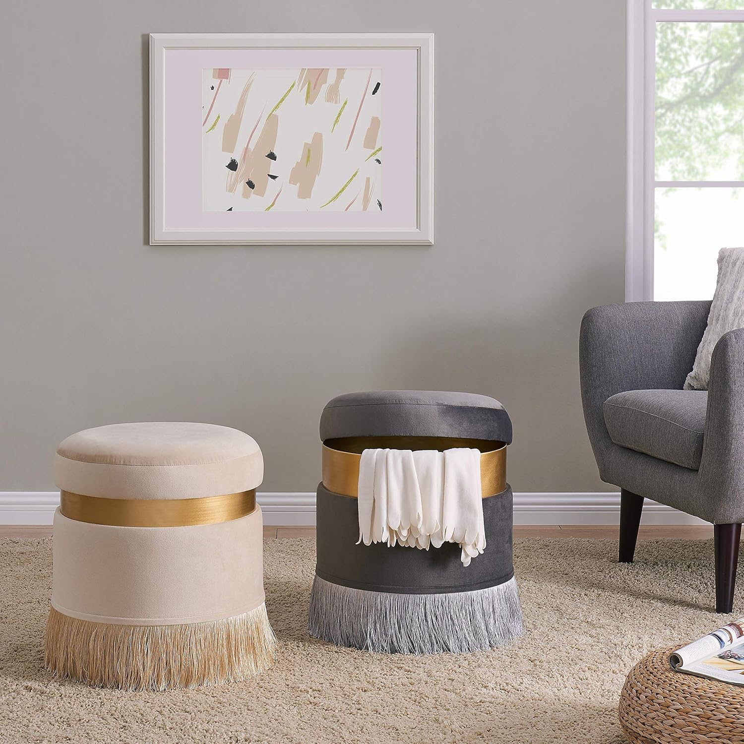 Suri Velvet Fabric Fringe Round Storage Ottoman, Serene Cream L210