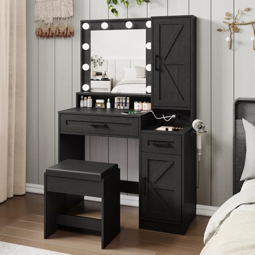 Fameill Vanity Desk with Mirror and Lights, Makeup Table with Chair and Outlet, White O781