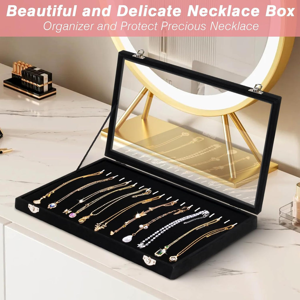 Velvet Jewelry Organizer Box with Clear Lid, 20 Hooks Necklace Holder F716635