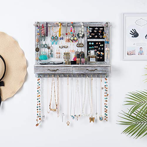 Jewelry Wall Organizer with Drawers, Earring and Necklace Holder (Brown) Z962002