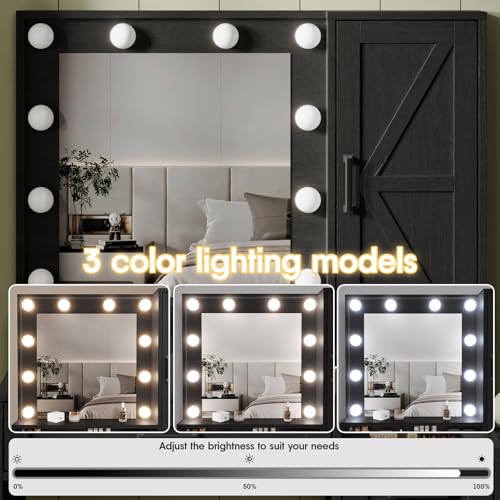 Fameill Vanity Desk with Mirror and Lights, Makeup Table with Chair and Outlet, White O781