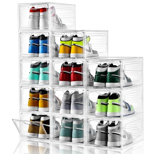 6 Pack Shoe Storage Box Clear Plastic Stackable, Shoe Box with Magnetic Door, Shoe Organizer and Shoe Containers for Sneaker Storage, Fit up to US Size 12(13.4"x 9.8"x 7.1")