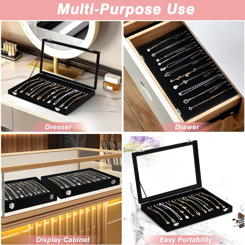 Velvet Jewelry Organizer Box with Clear Lid, 20 Hooks Necklace Holder F716635