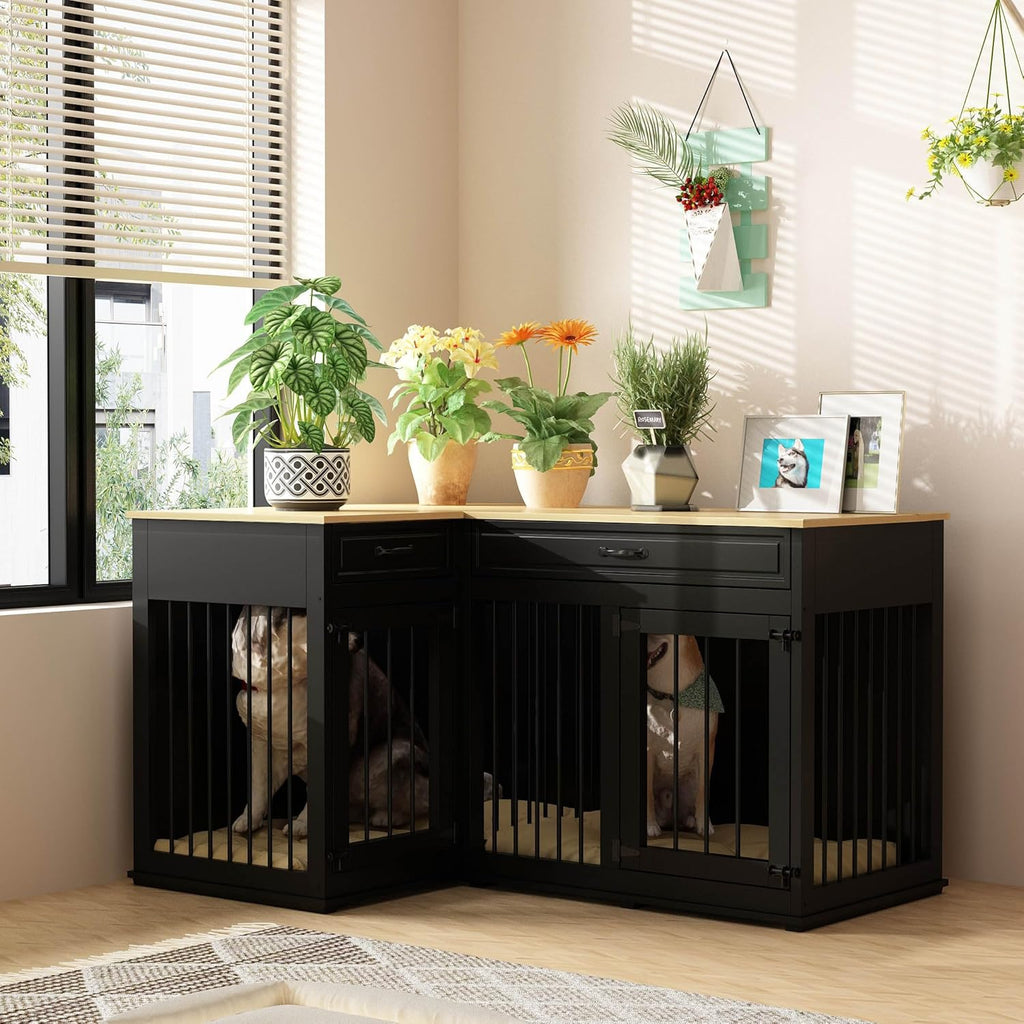 Large Corner Dog Crate Furniture for 2 Dogs, 51" Indoor Wooden Furniture Style Dog Kennel House with Double Rooms, Drawers & Divider for Large & Medium Dogs, Black