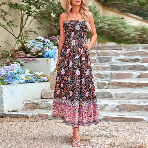 Women Spaghetti Strap Colorful Graphic Maxi Dress U970610