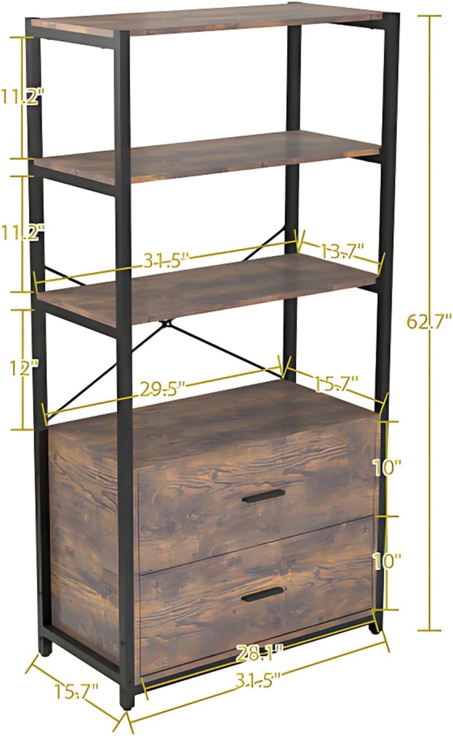 Industrial Bookcase with File Cabinet Drawers, Vintage Brown I973736