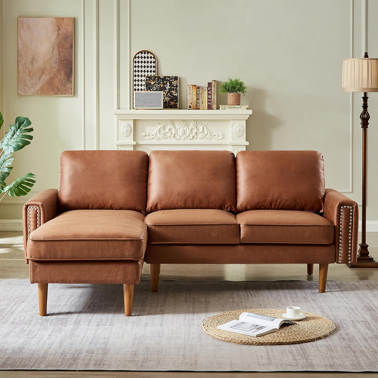 Lifeand 82.2" L-Shape Sofa Couch with Chaise, Mid-Century Copper Nail on Arms, Brown Q393