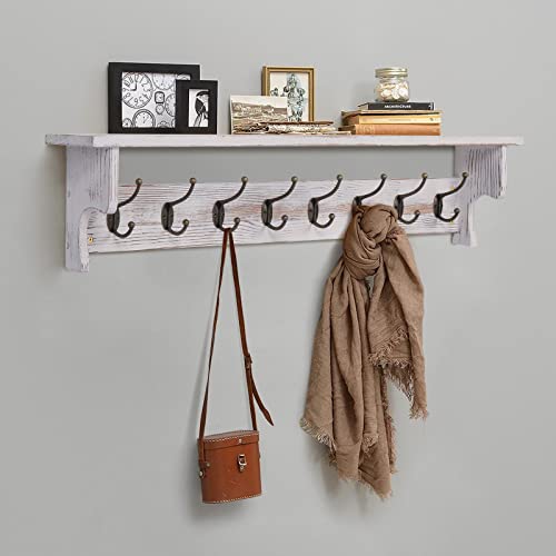35" Long Coat Rack Wall Mount with Shelf, Rustic Wooden Entryway Shelf with 8 Hanger Hooks, Farmhouse Mounted Pinewood Floating Wall Hook Rack Shelf for Kitchen Bathroom Mudroom Laundry, White