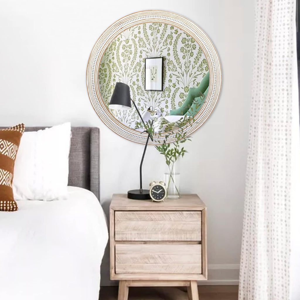 32" Round Wooden Wall Mirror for Bathroom Farmhouse Decor N99286