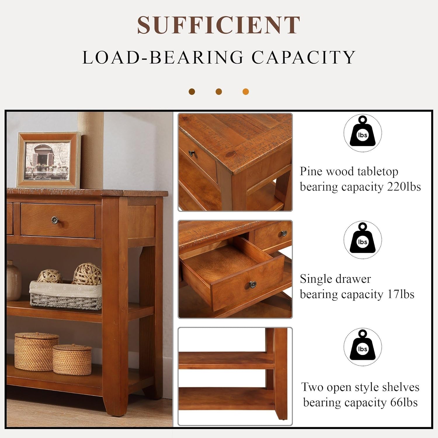 Knocbel Long Console Table with 3 Storage Drawers and Double Bottom Open Shelves, Brown D377