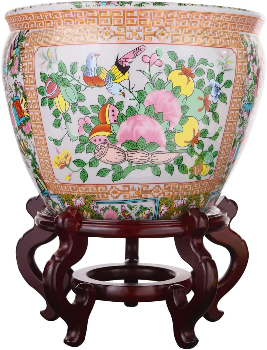 Floral Asian Cachepot Planter with Rose Medallion Painting 10" O233