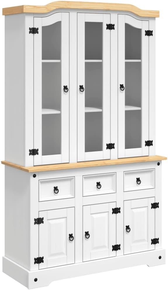 Kitchen Pantry Storage Cabinet, Freestanding Hutch Cabinet Buffet Cupboard, Utility Pantry with 3 Drawers and 6 Doors, Tall Kitchen Cabinet for Dining Room, White 44.1"x16.9"x77.2"