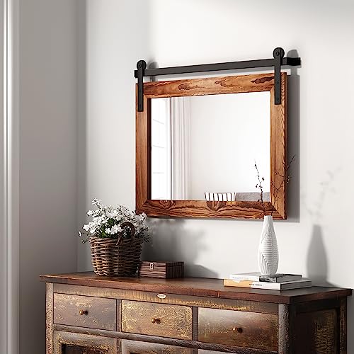 Farmhouse Barn Door Mirror 41" x 26" Rustic Wood Framed Wall Mirror J43155