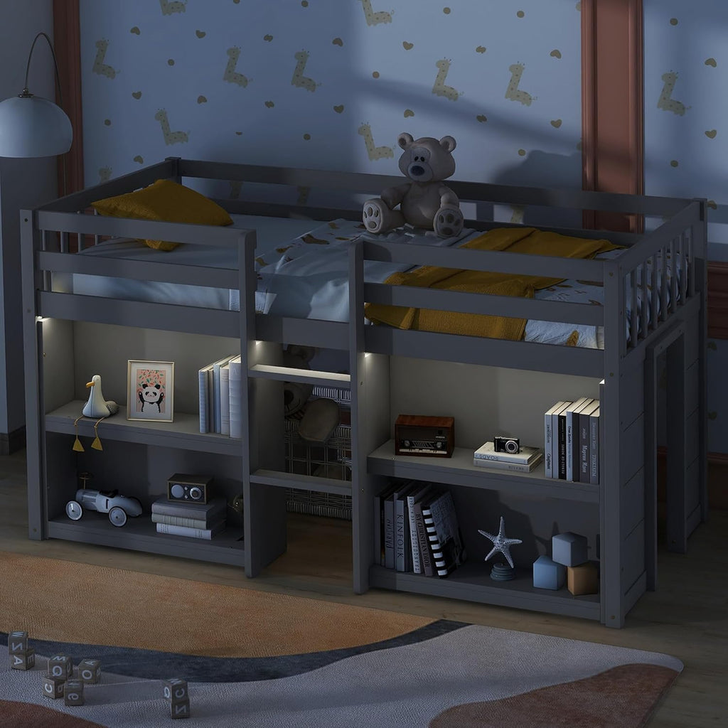 Grey LED Twin Size Low Loft Bed for Kids with Storage Shelves H3282