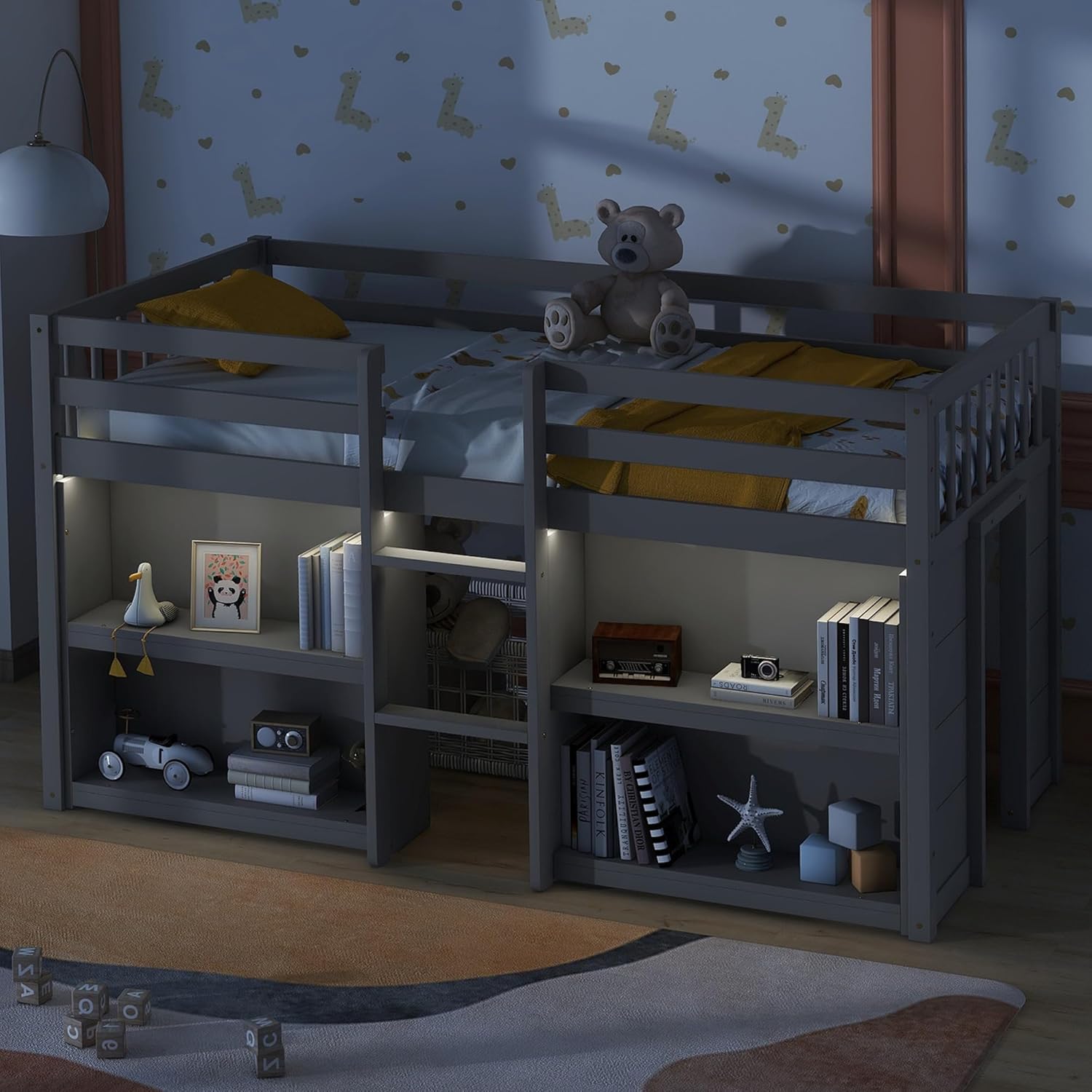 Grey LED Twin Size Low Loft Bed for Kids with Storage Shelves H3282