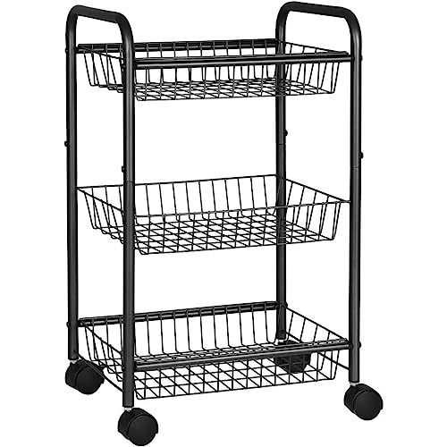SONGMICS 3-Tier Metal Rolling Cart on Wheels with Baskets, Lockable Utility Trolley with Handles for Kitchen Bathroom Closet, Storage with Removable Shelves, Black UBSC03BK