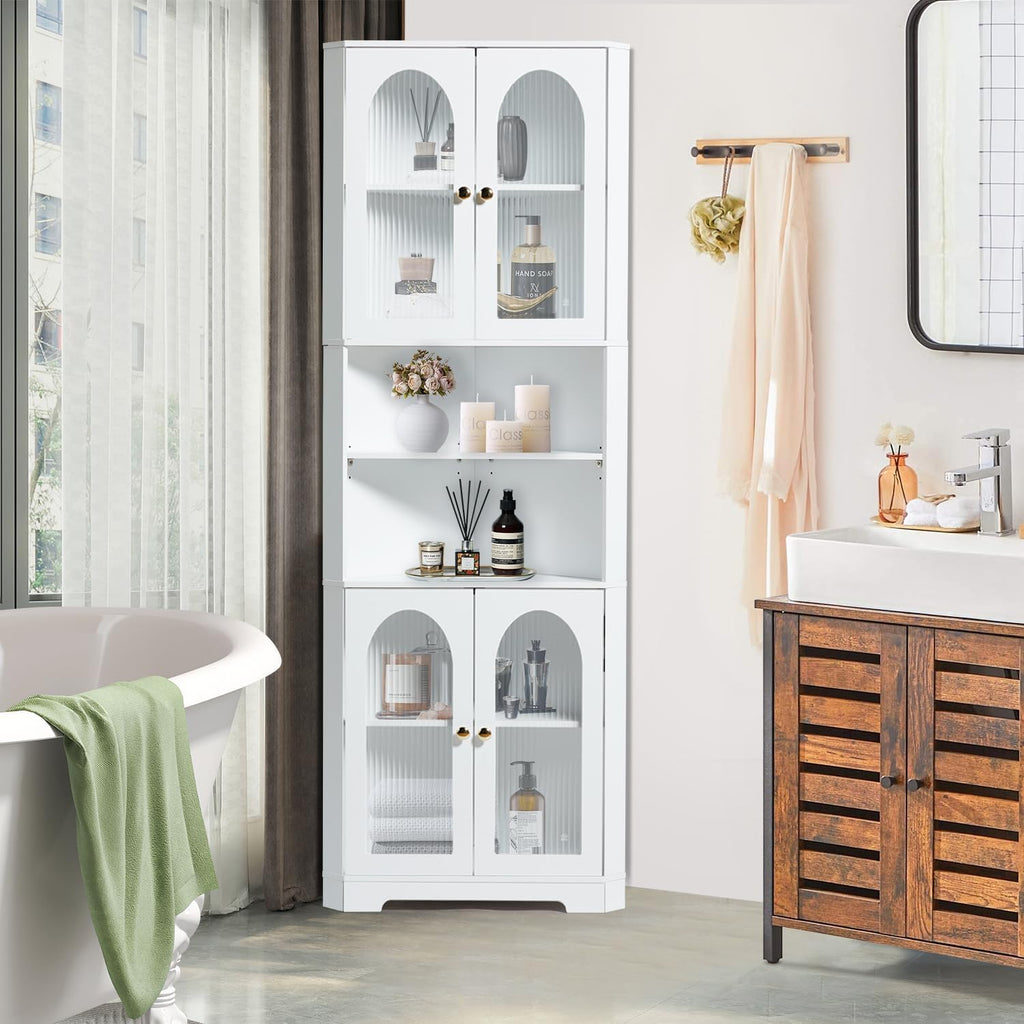 Corner Cabinet with 4 Glass Doors & LED, White Storage Cabinet with 6 Shelves X635813