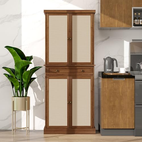 Kitchen Pantry Storage Cabinet with 4 Rattan Doors and Drawer, Walnut T55631