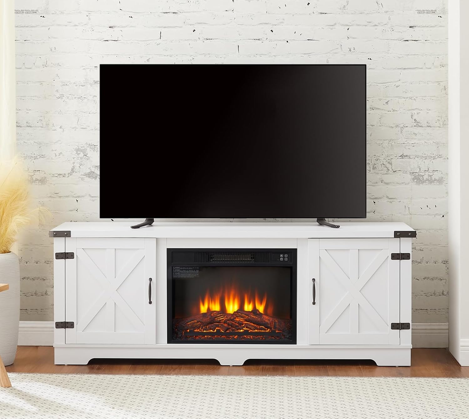 Modern Farmhouse TV Media Stand, Large Barn Inspired Home Entertainment Console, with 23" Fireplace Insert, for TV Up to 70", with Open Shelves and Closed Cabinets, White, 64.8" W*15.67" D*24.29" H