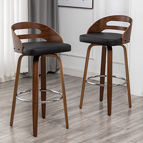 Bar Stools Set of 2, Swivel Bar Height Stools with Low Back, Wood Bar Chairs with Soft Cushion Seat, 24.6-Inch Seat Height (Black-1, 26" Counter Height)