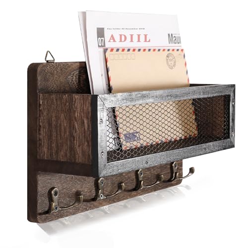 ADIIL Mail and Key Holder for Wall Decorative, Wooden Wall Key Rack Organizer with 4 Double Key Hooks, Wall Mount Key Hanger for Wall with Shelf, Rustic Home Decor for Entryway Hallway, Grey