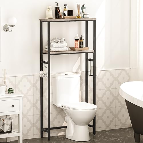 HOOBRO Over The Toilet Storage, 2-Tier Bathroom Organizer Shelf with Toilet Paper Holder, Greige and Black F6736