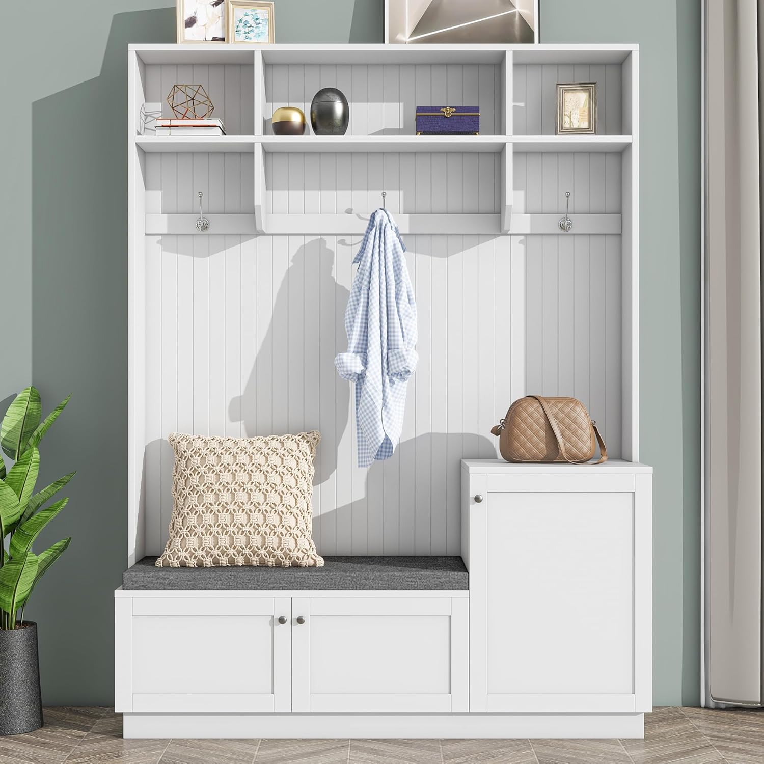 Entryway Hall Tree with Cushion Bench and Shoe Storage, White T38054