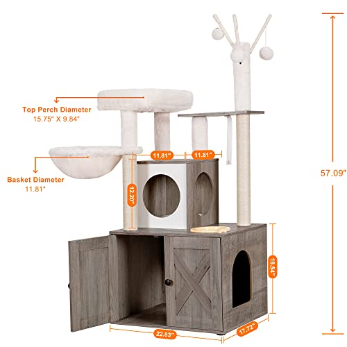 Heybly Cat Tree with Litter Box Enclosure and Food Station, Rustic Brown G73707