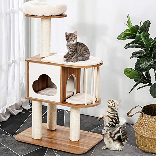 Tangkula Modern Wood Cat Tree, 46 Inches Cat Tower with Scratching Posts A163