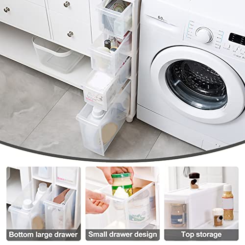 Narrow Tall Floor Cabinet for Bathroom, 4 Clear Drawers with Casters L2591