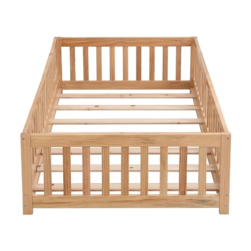 Twin Size Floor Bed with Door, Solid Wood Montessori Bed with Rails and Slats E36819