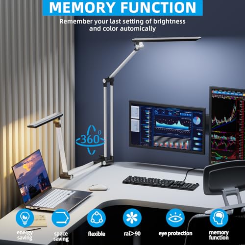 Metallic Gray LED Desk Lamp with Clamp, Touch Control, Swing Arm P544469