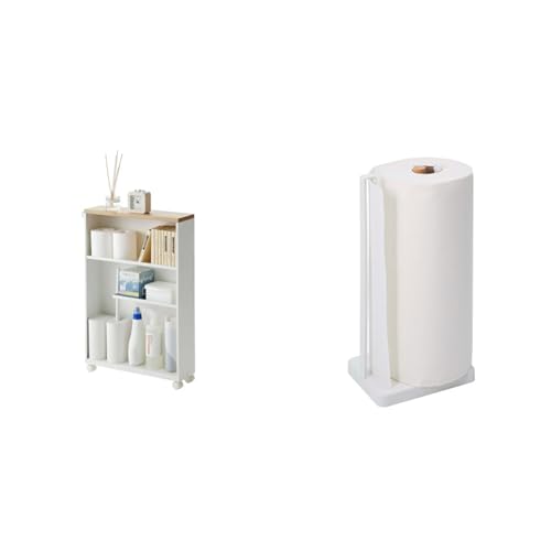 YAMAZAKI Home Rolling Slim Bathroom Utility Cart with Handle - Storage Shelf Narrow Organizer Rack & Home Stacking Baskets/Fruit Basket/Vegetable Basket ABS Plastic One Size White