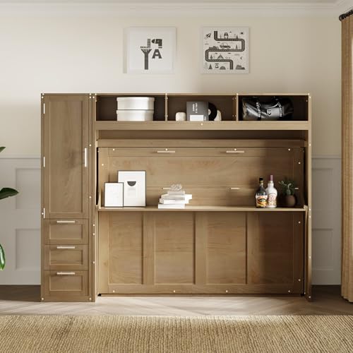 Full Size Murphy Bed Wall Bed with Wardrobe, 3 Drawers and Shelves, Antique Grey T745