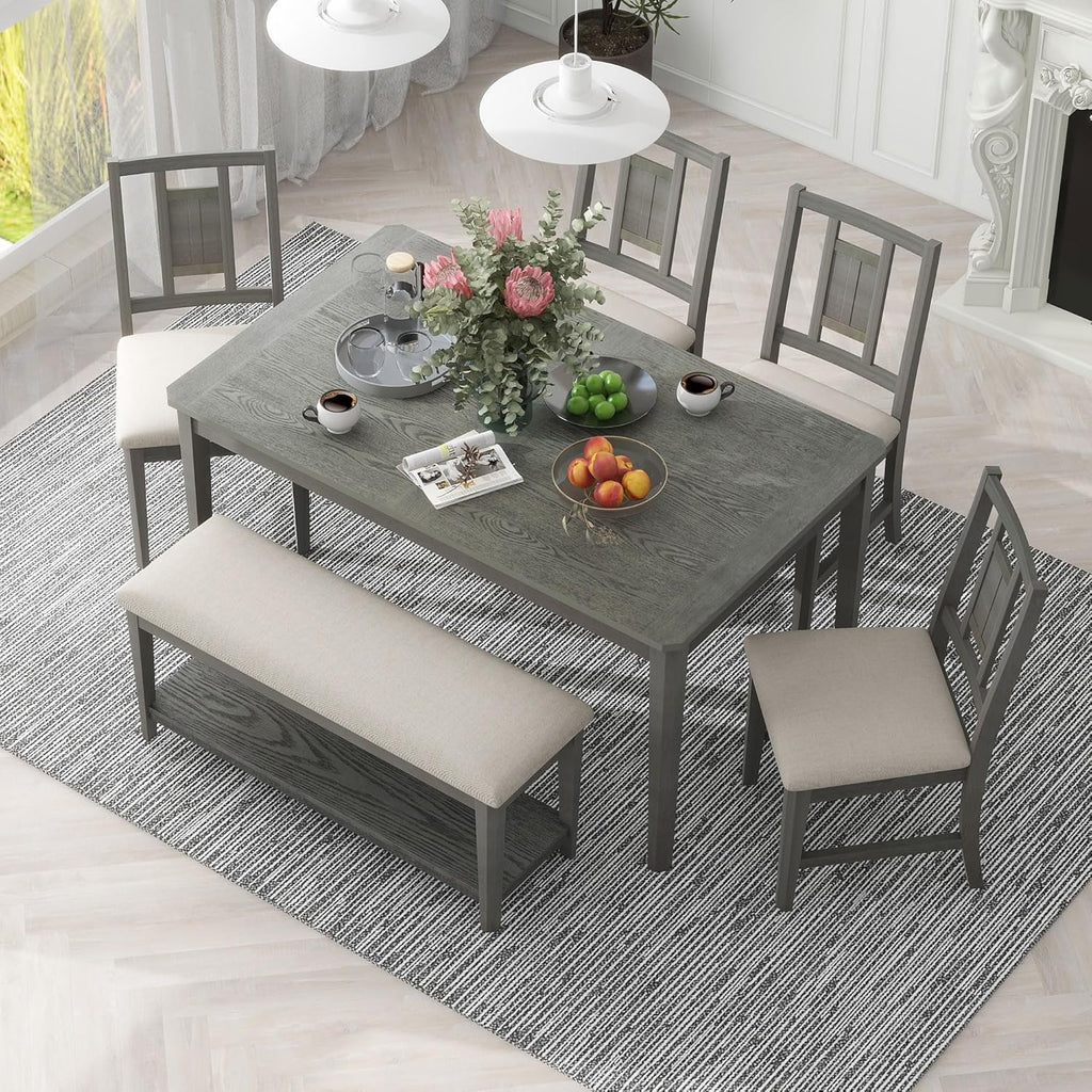 Retro 6-Piece Dining Table Set, 60" L Minimalist Dining Table and 4 Upholstered Chairs & 1 Bench, Solid Wood Kitchen Dining Room Table Set for 6, Home Family Breakfast Set (Dark Gray-Q)