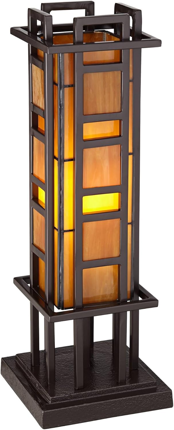 Robert Louis Tiffany Prairie Style Mission Rustic Pillar Accent Table Lamp Bronze Iron Hand-Cut Amber Stained Art Glass U394292