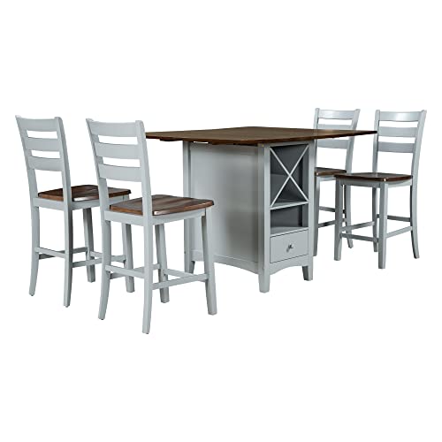 5-Piece Counter Height Wood Dining Table Set with Drop Leaf and Wine Rack J4100
