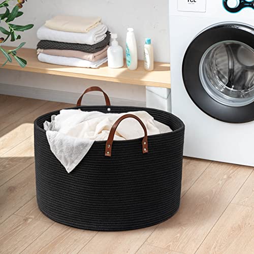 CHICVITA Woven Laundry Basket with Leather Handles, Large Storage Hamper, Dark Gray M130