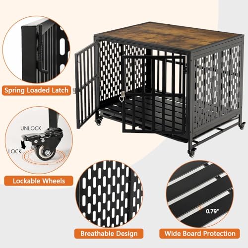 LUCKUP Heavy Duty Dog Crate Furniture for Medium Large Dogs, Indoor Kennel with Trays, Lockable Wheels, 42 inch Black N937